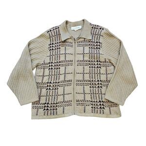 Vtg Norton McNaughton Plaid Sweater Womens L Full Zip Beige Preppy Acadamia